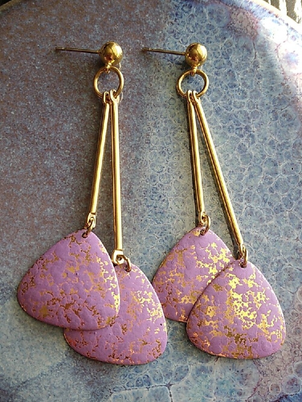 Vintage 80s Gold Drop Earrings with Lavender Purple Gold-Flecked Charms
